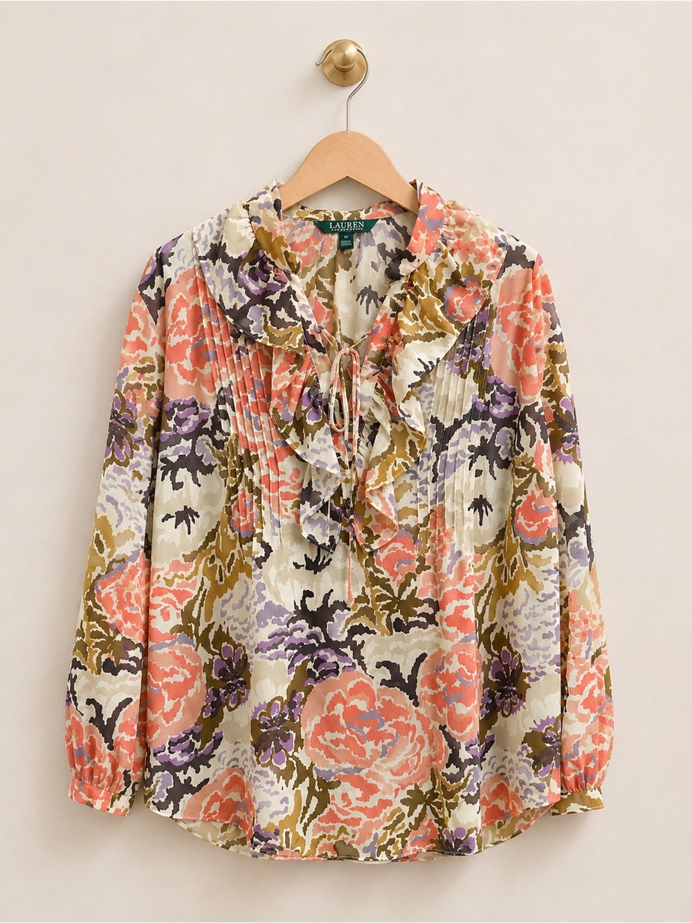 Lauren Ralph Lauren 1X Floral Ruffle Tie Neck Blouse Long Sleeve